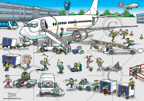 Health and safety cartoon to point out hazards for airline ground staff