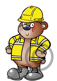 health and safety cartoon mascot, cartoon character of a bear in hi vis vest and safety boots and hard hat