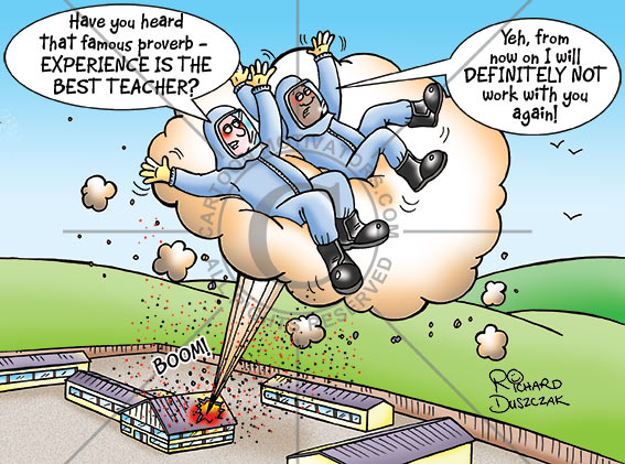 Two workers being blown into the air by an explosion in a building. They have safety PPE clothing but no parachute