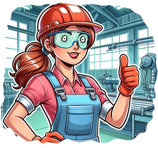 worker wearing safety glasses with her thumb up, workshop in the background